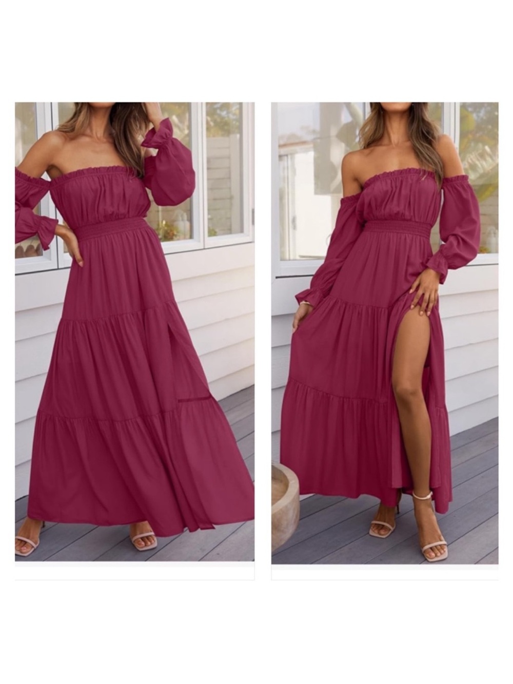Zesica Off-Shoulder Long Tiered Maxi Dress - Wine M